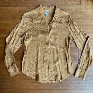 Worthington Gold Jacquard Leopard Button-Down Blouse – Size S (New, No Tags)